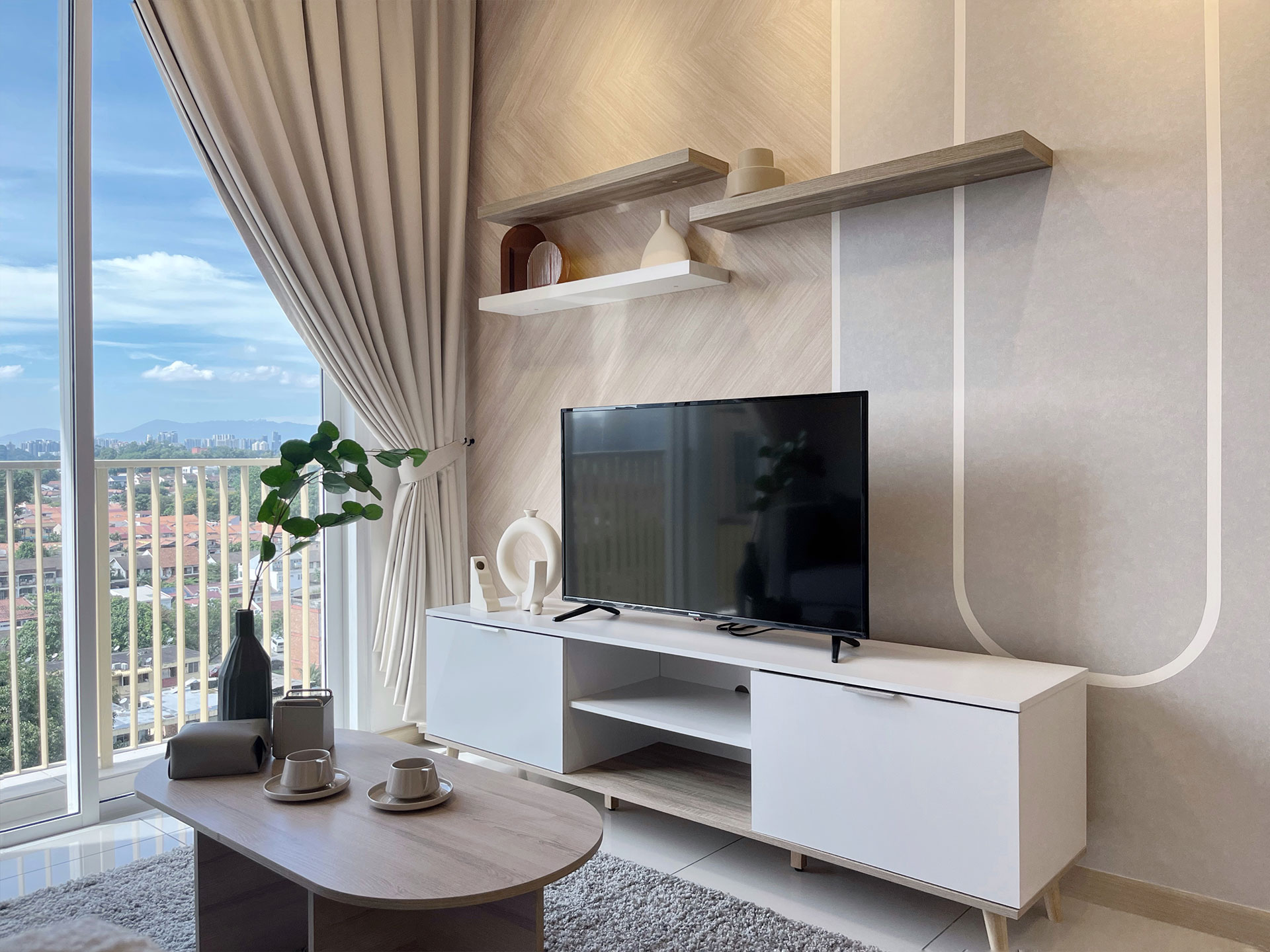 Brown and white suspended shelf with white TV console in Nutmeg Spread theme.